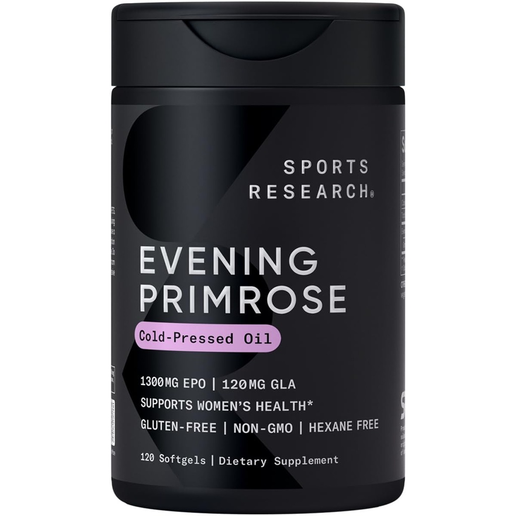Sports Research® Evening Primrose Oil 1300mg, 120 capsule - 10% GLA, Cold-Pressed, Gluten & Soy Free