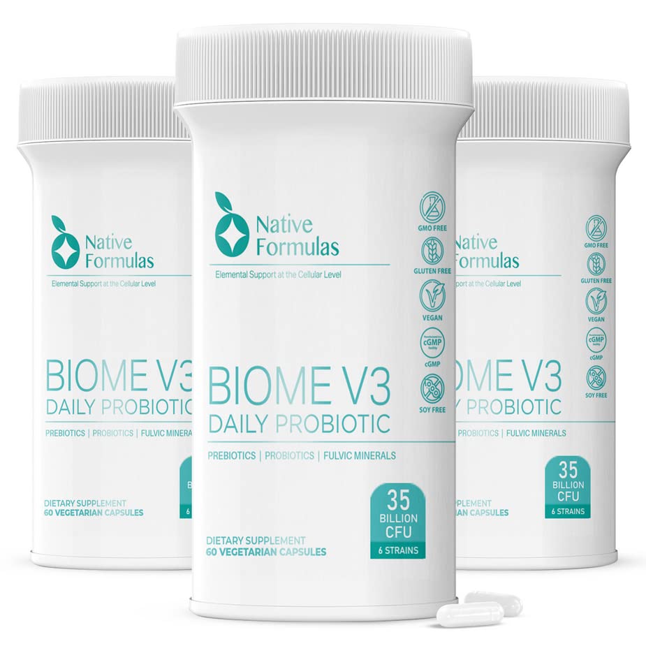 Formulari native Biome V3 Probiotice, Prebiotice, & Minerale Suplimente - 35 Miliarde CFU - 6 Tulpini - 180 Capsule Vegane - Femei și bărbați - FODMAP Suporturi prietenoase Digestive, Immune & Gut Health