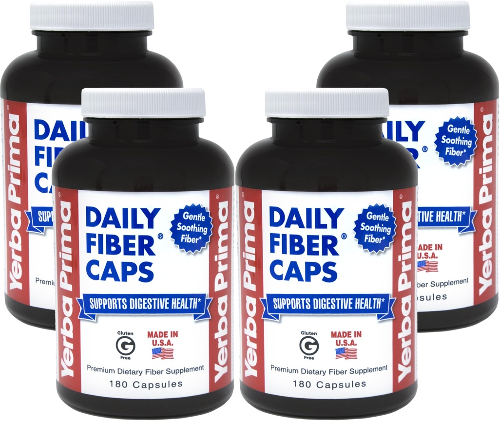 Yerba Prima Daily Fiber Caps - 180 Capsule, (Pachet de 4) - Soluble & Insolubil Fiber Supplement - Colon Cleanse - Gut Health - Vegan, Non-GMO, Gluten-Free