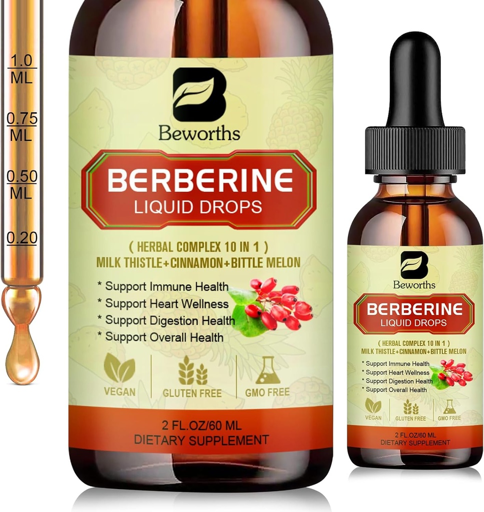 Berberine Supliment cu Ceylon Scorțișoară - Berberine Picături lichide cu Curcumin Turmeric, Ceylon Scorțișoară, Bitter Melon, Berberine Fitozom pentru Digestion System, Immune Health Support - Vegetarian