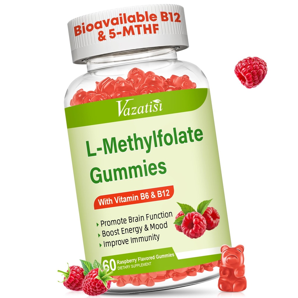 L-Metilfolat 15 mg Gummies cu metil B12, Folate Supplement for Mood, Brain Health, Immune Support, Raspberry Flavor, 60 Count
