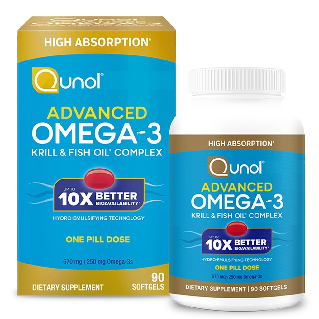 Qunol Advanced Omega 3 Krill and Fish Oil Complex, 10x Better Biodisponibility, One Pill Dose, 250mg EPA & DHA, Supports Brain, Eye, Heart and Joint Health, 90 Count (Pack of 1)
