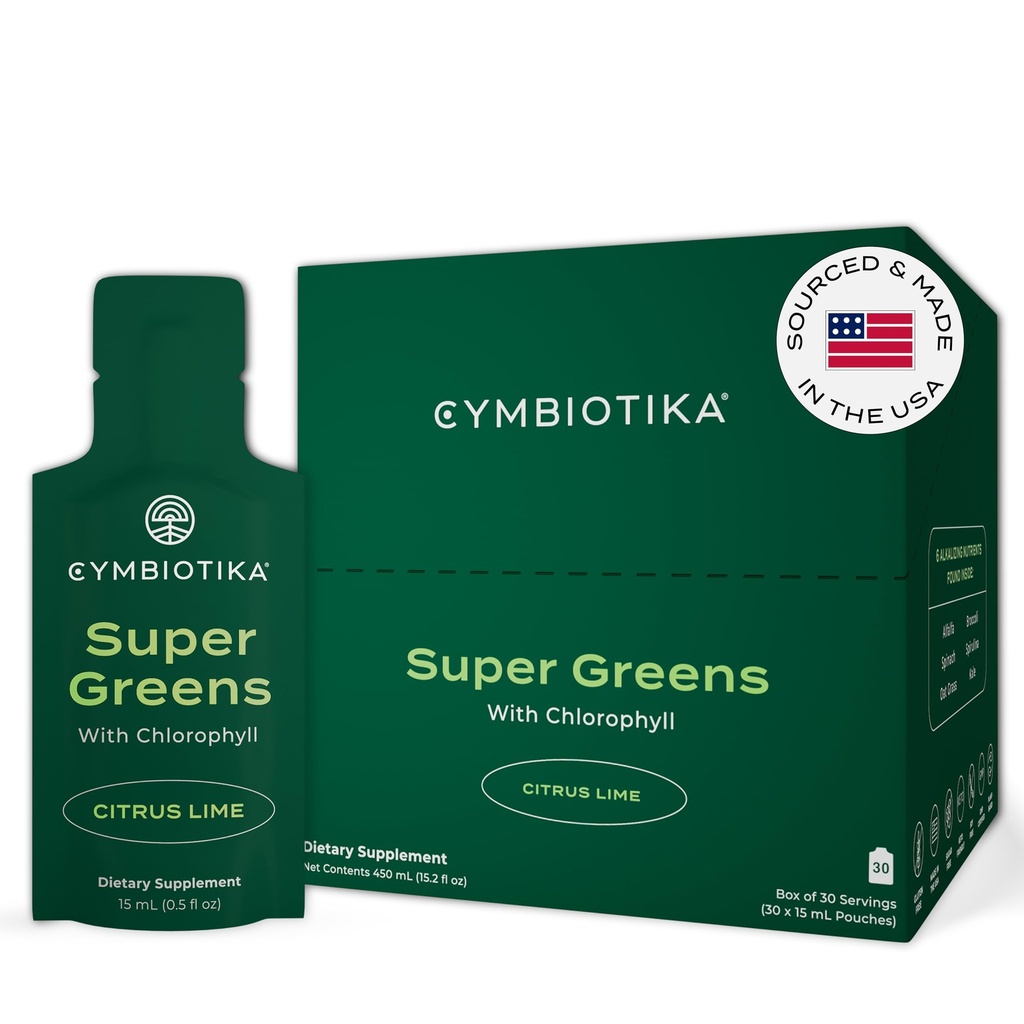 CYMBIOTIKA Super Greens Supliment cu Clorofill, Spirulina, Daily Vegan Superfood Pachete pentru Digestive Gut Health, Detoxifiere, Energie și Suport Immune, Citrus Lime Flavor, 15 ml pungi, 30 Pack