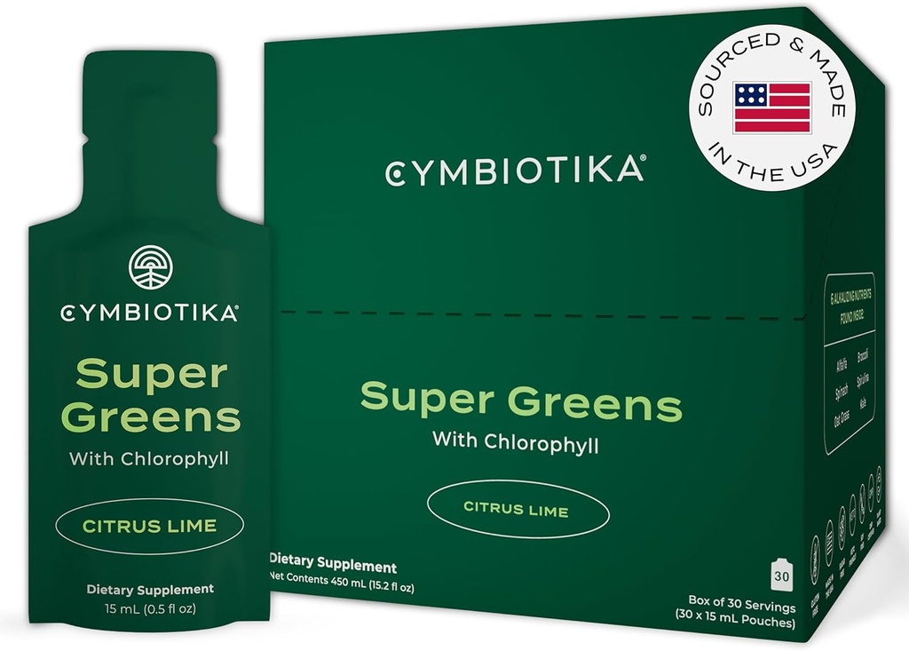 CYMBIOTIKA Super Greens Supliment cu Clorofill, Spirulina, Daily Vegan Superfood Pachete pentru Digestive Gut Health, Detoxifiere, Energie și Suport Immune, Citrus Lime Flavor, 15 ml pungi, 30 Pack