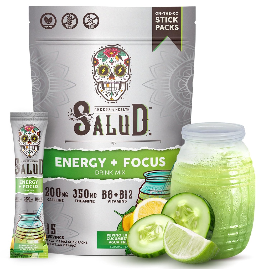 Salud 2-in-1 Energetic Drink Powder + Focus, Castravete Lime, Cafeina organica, B6 + B12, Theanine, Clean Energy Drink Packets, Agua Fresca Mix, Non-GMO, Gluten Free, Vegan, 1g de zahăr, (15 Servings)