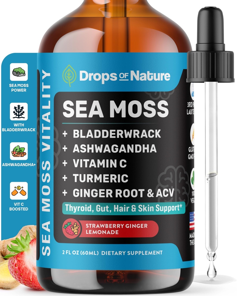 Ashwagandha & Turmeric Picături lichide - Vitamina C, Moss de mare, Oţet de cidru de mere, Oţet de măsline - Picături lichide Vegane pentru suport global de wellness & Imunitate vitală (Limonadă de ghimbir de fructe de pădure, 60ml)