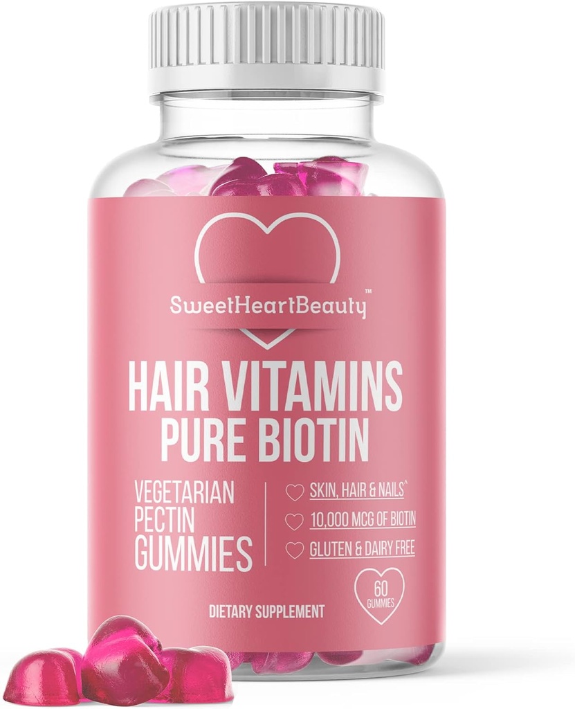 Biotin 10000mcg Gummies by Sweetheart Beauty - Biotin Gummies for Hair Skin and Nails for Women, Men & Kids - Hair Vitamina Gummy - Vegan, Non-GMO, 60 Biotin Chewables for Faster Hair Growth