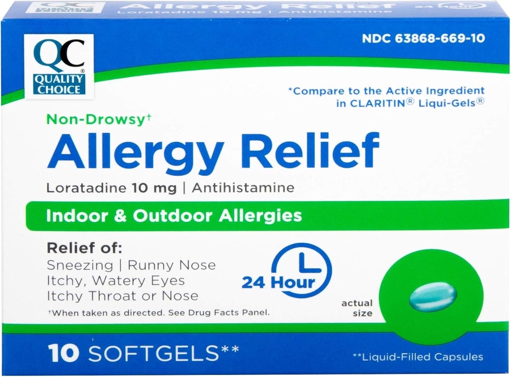 Alegerea calităţii Alergie Relief, 24 de ore non Drowsy Alergie Ajutor pentru alergii interioare şi exterioare, Antihistamina Loratadina 10 mg, lichid umplute Softgels, 10 Conte