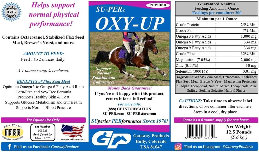 SU-PER Oxy-Up Performanta supliment cai - Sustine rezistenta si rezistenta normala - extract de germeni de grâu, B-Complex vitamine, magneziu - 12,5 Lire, 6 luni de aprovizionare