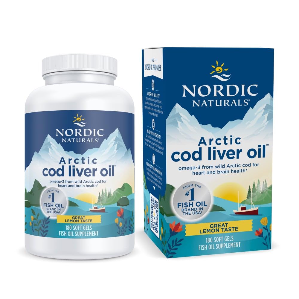Nordic Naturals Arctic Cod Ulei de ficat, Lemon - 180 Geluri Soft - 750 mg Total Omega-3s cu EPA & DHA - Heart & Brain Health, Imunitate sănătoasă, Wellness generală - Non-GMO - 60 Servings