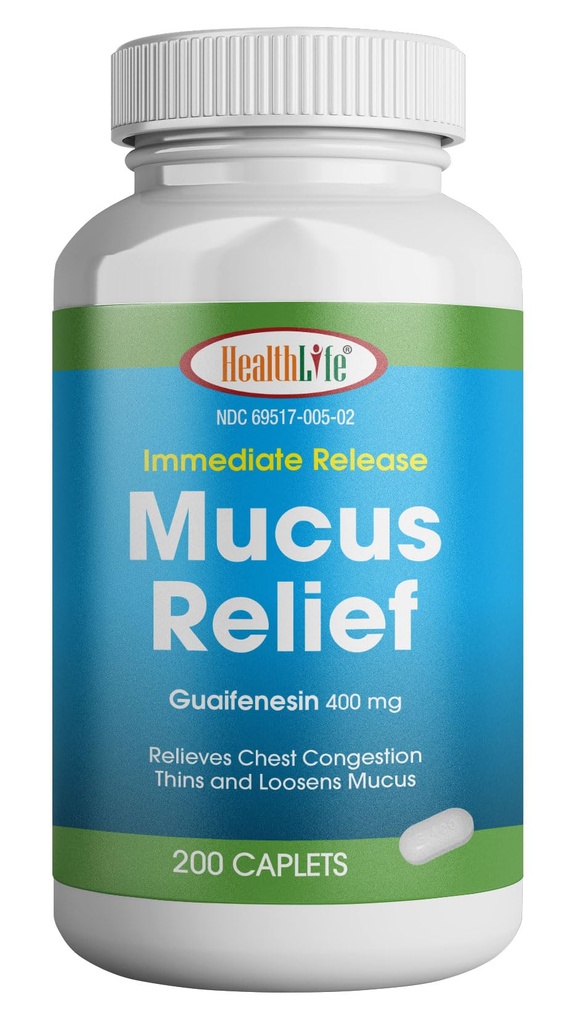 HEALING LFE Mucus Relief Guaifensin Caplets 400 mg, Lansare rapidă Expectorant Acţionat rapid, Thin şi Loosens Mucus, Relieves Congestie toracică, Tuse, Rece şi Flu (Mediu, 200 Conte)
