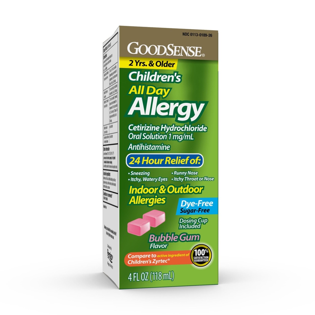 Relief de alergie pentru copii GoodSense, Cetirizina Hydrochloride Soluţie orală 1 mg/ml, Bubble Gum Flavor, Die Free, Sugar Free, 4 Fluid Ounce