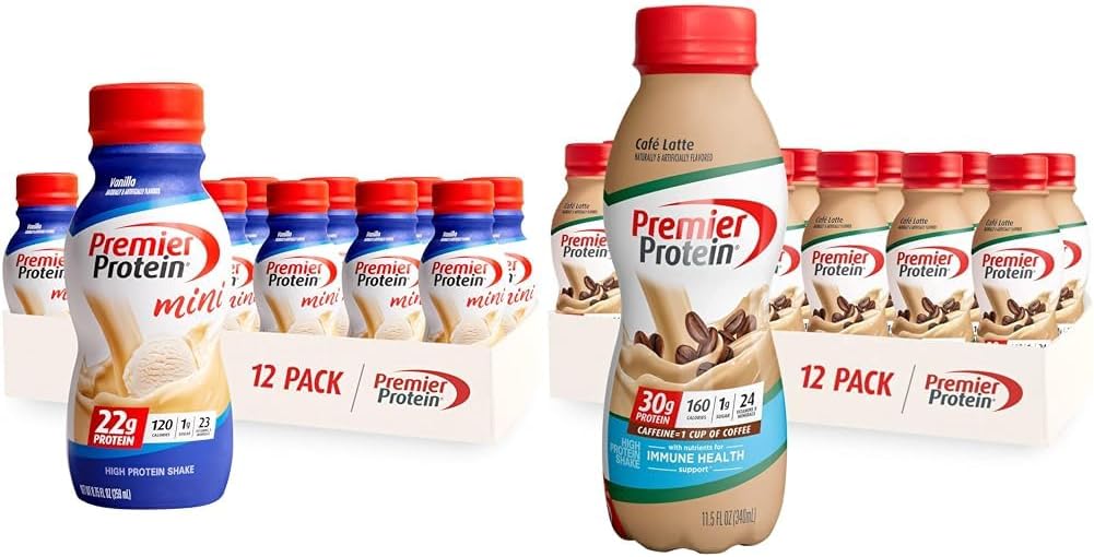 Premier Proteine Shake MINIS Vanilla 22g Proteina 120 Calorii Pachet de 12 & Café Latte 30g Proteina 160 Calorii Nutrients pentru Imuna Health Pack de 12