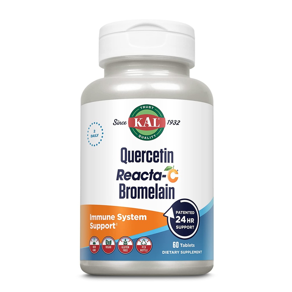 KAL Querbetin Reacta-C Bromelain Immune Supplement, 24 de ore de apărare imună cu bioflavonoizi, vitamina C 1000mg și Querbetin 500mg, Vegan, Gluten gratuit, 60 de zile de garanție, 30 Serv, 60 comprimate