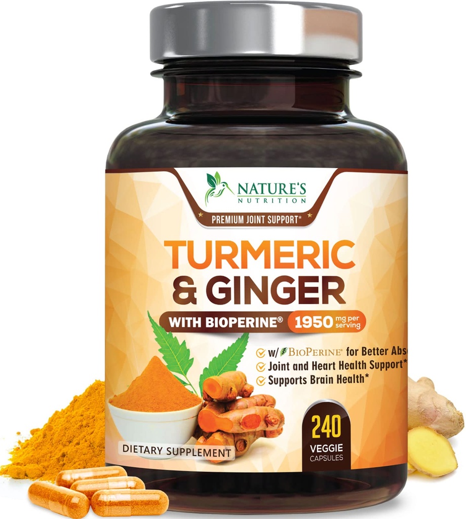 CurcuminÄ Turmeric Supliment 1950mg - 95% Curcuminoide cu Turmeric organic & Ginger, BioPerine Black Pepper pentru cea mai buna absorbtie, Nature's Vegan Joint Support, Non-GMO, îmbuteliat în Statele Unite ale Americii - 240 capsule