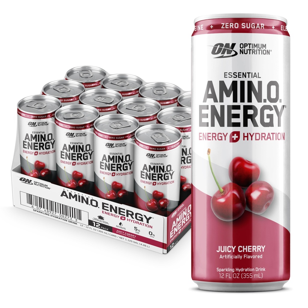 Optimum Nutrition Amino Energy Sparkling Hydration Drink, Electroliti, Cafeina, Amino Acids, BCAAs, Sugar Free, Juicy Cherry, 12 Fl Oz, 12 Pack (Packaging May Vary)
