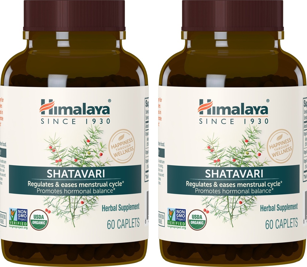 Himalaya Organic Shatavari pentru PMS, Menstrual Cramp Relief, Menopause Support, and Women's Health, 1.300 mg, 60 Caplets, 2 Luna de aprovizionare, 2 Pack