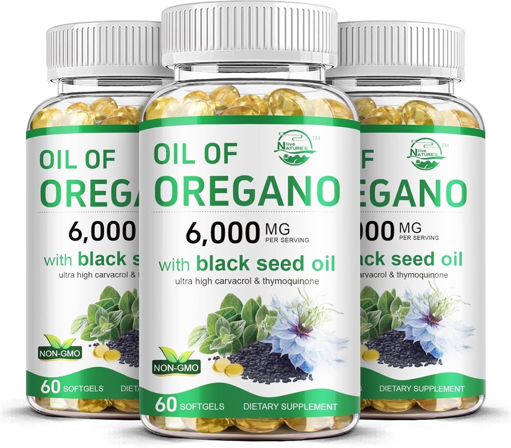 Ulei natural de Oregano viu cu ulei de semințe negru, 2 în 1 Oregano Supliment pentru sănătatea imună, Retains Carvacrol mare concentrat și Thymochinonă, non-GMO, 3 ambalaj