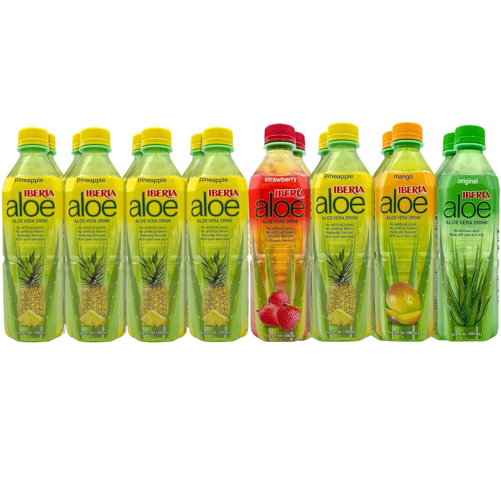 Iberia Aloe Vera Drink with Pure Aloe Pulp (Pachet de 16) 10 x Ananas, 2 x Original, 2 x Strawberry, 2 x Mango