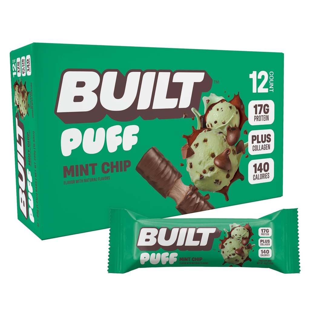 Built Bar, Puff Proteine Bars, Mint Chip Puff, 17g Proteine Snacks, On-The-Go Bars, Numai 140 Calories, 6g Sugar, Colagen, Gluten Free, 12 Conte