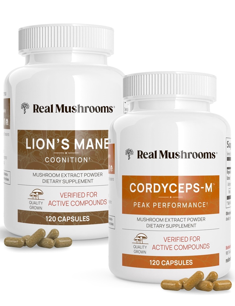 Lions Mane (120ct) și Cordyceps (120ct) Capsule Bundle - supliment de ciuperci pentru cunoaștere, energie și perseverență