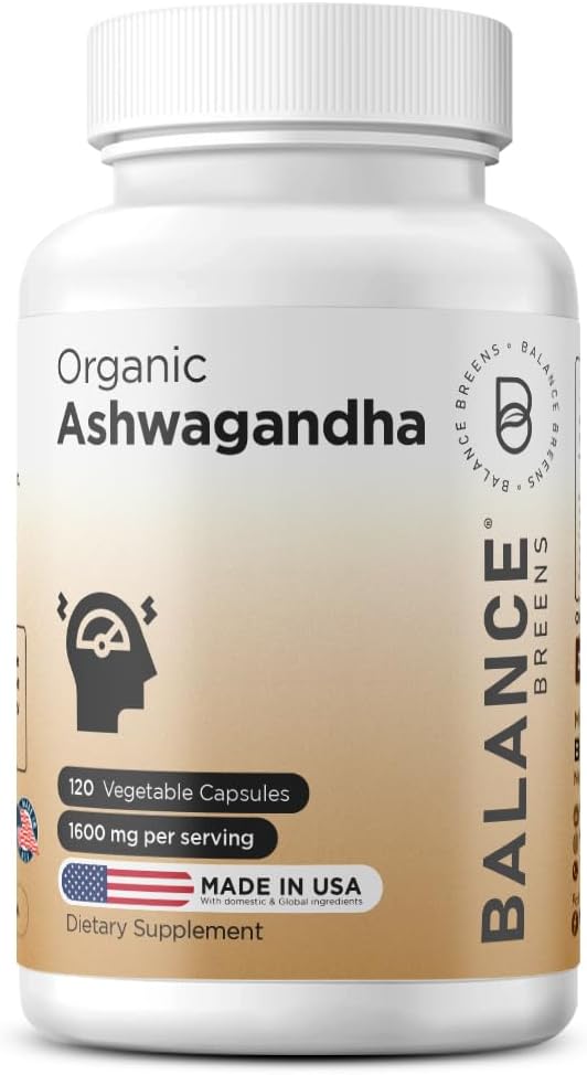 Certified Organic Ashwagandha 1600mg, 120 Veg Capsule - Suporturi Sleep & Echilibrate Nivele de energie (120 Conte (Pachet de 1)