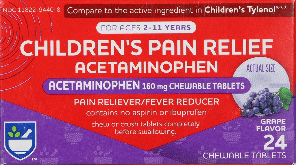 Rite Ajutor pentru copii Durere Relief Tablete de struguri masticabile, Acetaminofen, 160 mg - 24 Număr de durere & Febră Relief pentru copii Vârste 2-11 Ani 