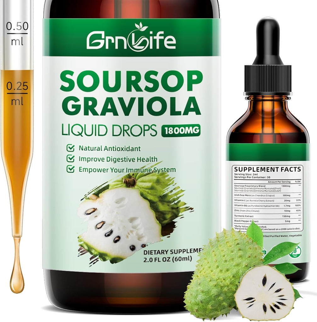 (1 ambalaj) Soursop Graviola Picătură lichidă cu Sea Moss & Turmeric, Soursop Bitters Liquid for Cell Support & Regeneration, Antioxidant and Immune, 2 Fl/Oz
