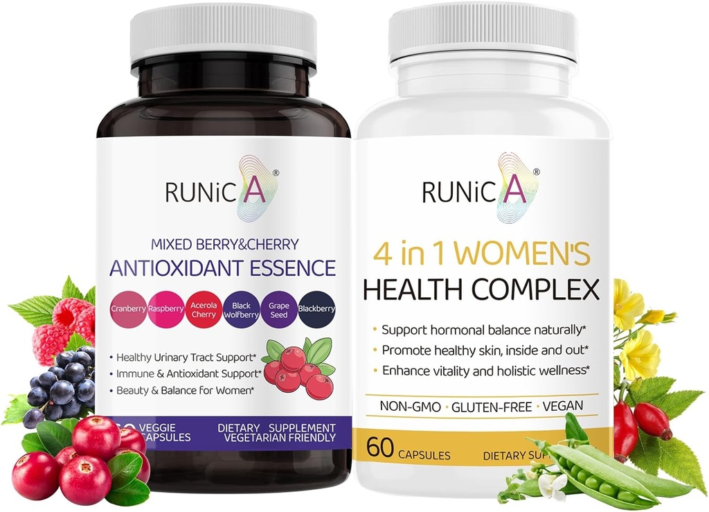 Femei Wellness Duo - 4-in-1 Complex de sănătate și supliment antioxidant pentru echilibru hormonal, Skin & Energy, Menopause & Immune Support-Vegan Capsule