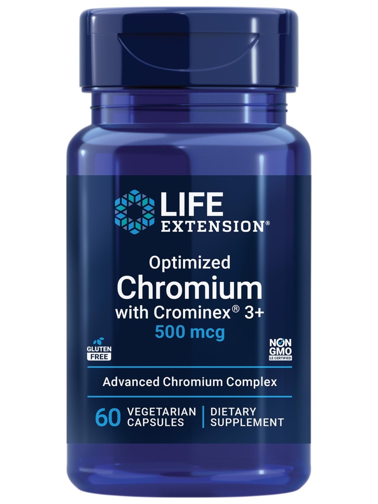 Extensie de viaţă Crom optimizat cu Crominex 3+ 500 mcg, Metabolizare Sănătate, Echilibru sănătos, Vegetarian, Gluten gratuit, non-GMO, 500 mcg, 60 capsule vegetariene