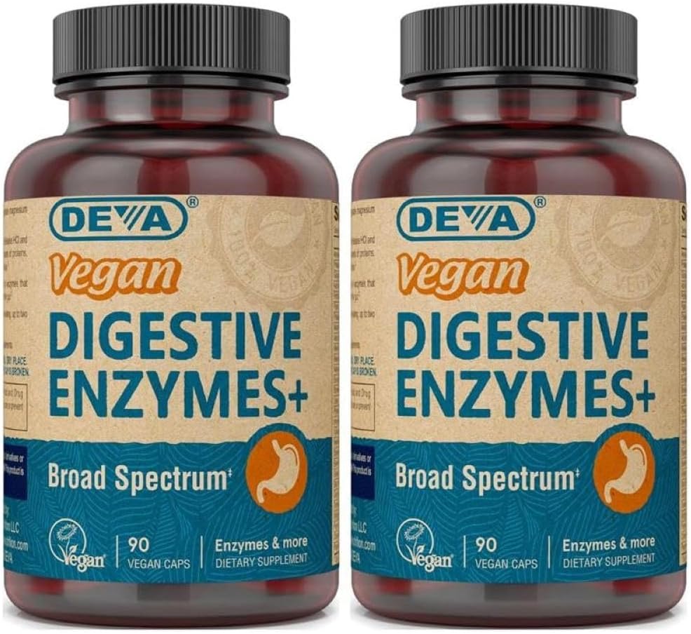 Deva Vegan Vitamine Enzime digestive Plus Supliment - Un amestec unic de enzime și plante aromatice - 90 capsule (Pachet de 2) Pachetul de mai Vary