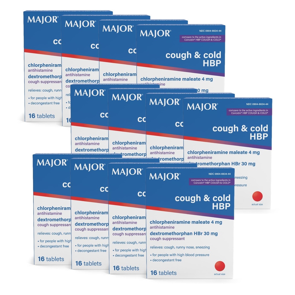 Comprimate de tuse şi HBP reci - Antihistaminic şi Supresant de tuse pentru persoanele cu tensiune arterială mare - Dextrometorfan HBR, Chlorfeniramină Maleat - 16 Conte (12 Pack)