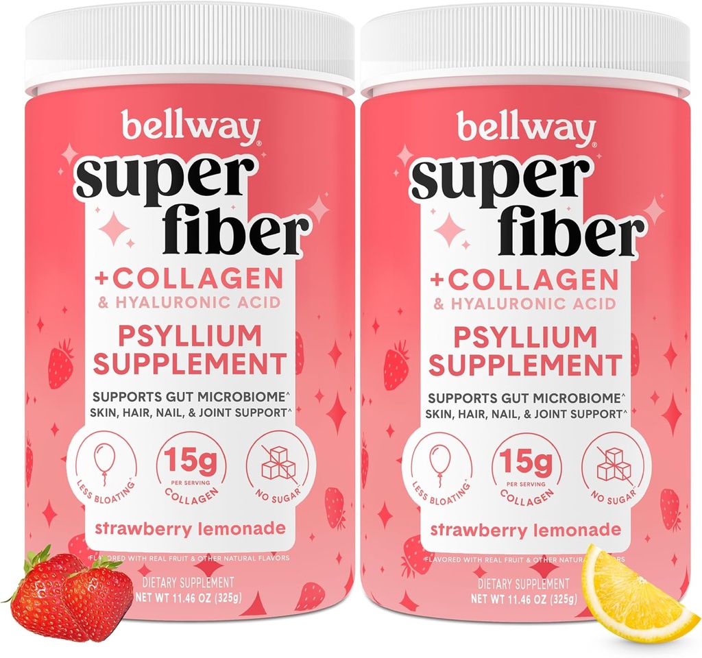 Bellway Super Fiber Powder + Colagen (2 Pack), Sugar-Free Psyllium Husk Powder cu Colagen Peptides pentru Sanatate Gut, Sanatos Skin, Nails, Bones & Joints, Strawberry Lemonade (22,92 oz)