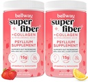 Bellway Super Fiber Powder + Colagen (2 Pack), Sugar-Free Psyllium Husk Powder cu Colagen Peptides pentru Sanatate Gut, Sanatos Skin, Nails, Bones & Joints, Strawberry Lemonade (22,92 oz)