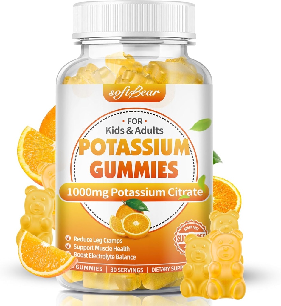 softbear Potasiu Citrate 1000mg, Gume de zahăr liber Potasiu pentru adulți Suport Crampe Leg & Musculare Sănătate mare Potență Suplimentul de potasiu Gumies Orange Flavor 60 Conte