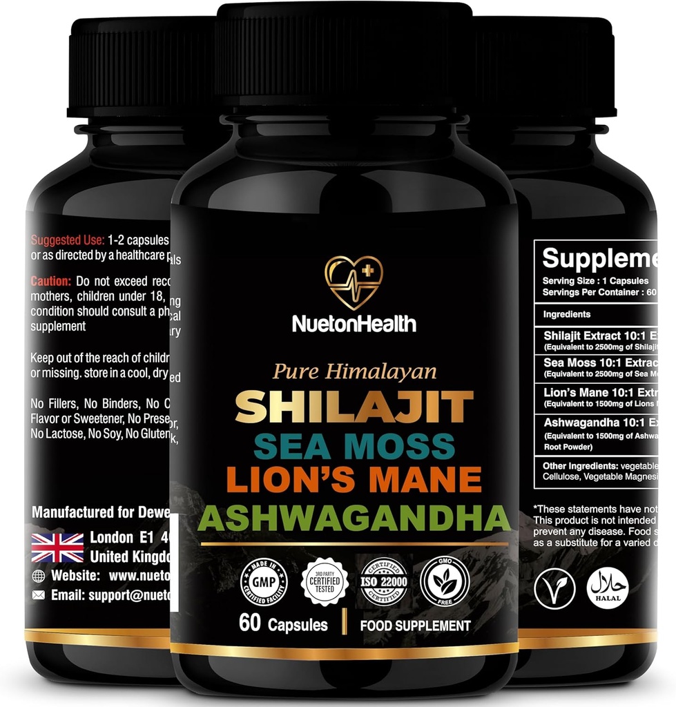 Shilajit, Sea Moss, Lion's Mane şi Ashwagandha Capsule - Complete All-in-One Wellness Suplement for Mind, Body, and Vitality - 60 Vegan Capsule