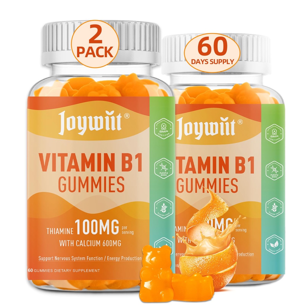 Vitamina B1 Gumies 100mg pentru adulți și copii, Tiamină B1 Supliment cu 600mg calciu, Sistem nervos Suporturi & Boost Energy, Orange Flavor, Non OMG-uri, Vegan, 120 gume masticabile