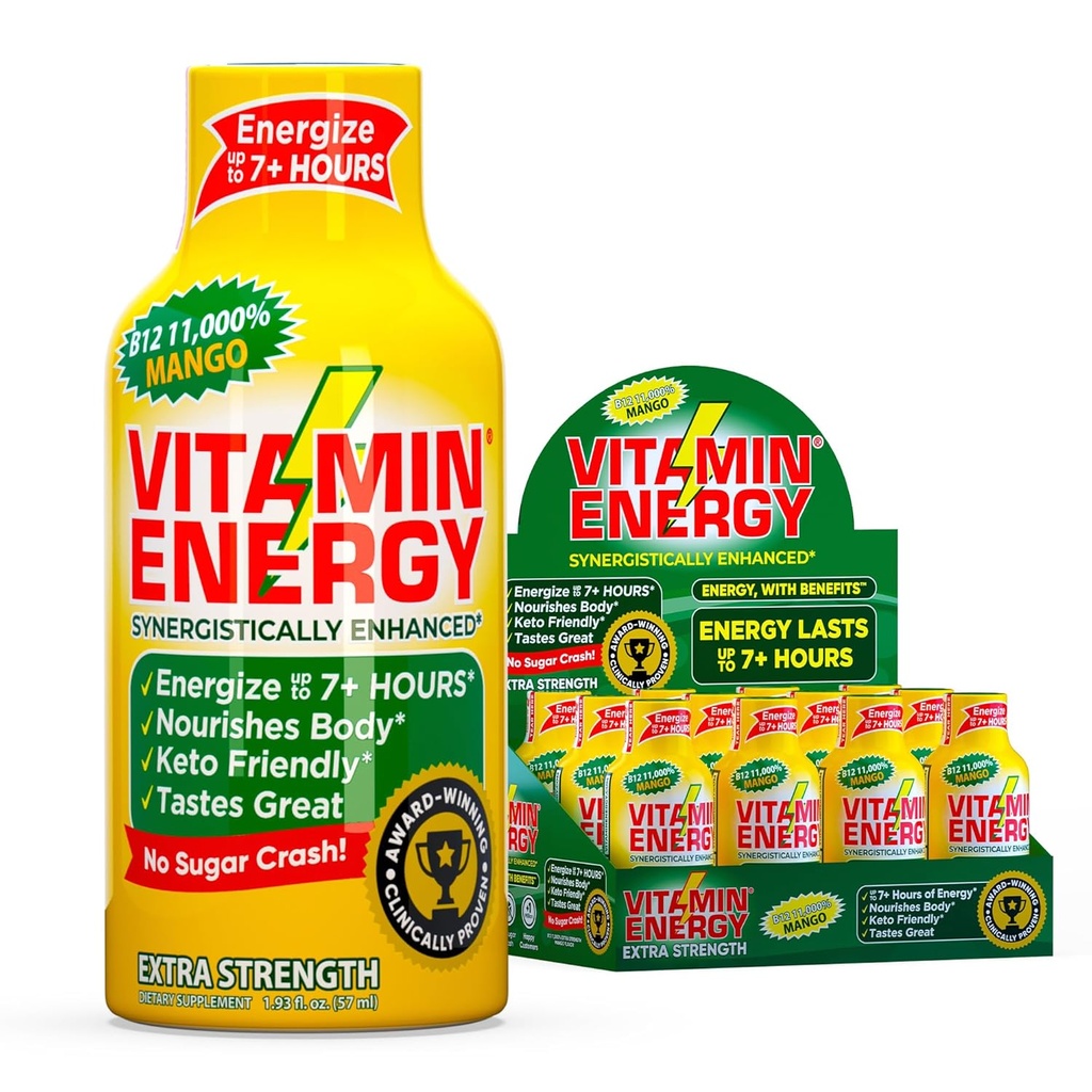 Vitamina Energie B12 11,000% Extra Putere Energie Shot Mango 12 Pack, 260mg Natural Cafeina, B12 & B6, Nootrop Focus, Vitality, Zero Zahăr, Gluten-Free, Vegan, Kosher, 1.93 fl oz