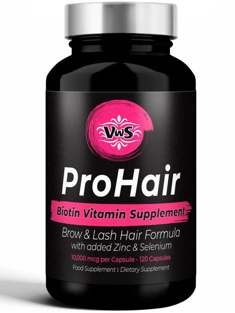 VWS Biotin 10000 mcg Supliment alimentar w/Zinc & Seleniu pentru a promova creșterea mai groasă a părului, unghii mai puternice și piele sănătoasă pentru femei și bărbați, 120 capsule Vegan