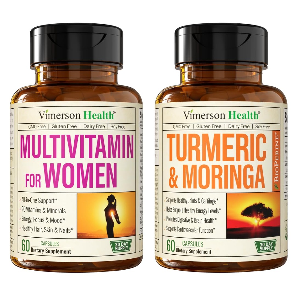 Vimerson Sanatate Femeie: Multivitamine & Turmeric Moringa Supliment pentru Suport Imun, Energie, Mood, Păr, Piele, Nails, Articulații și Digestion.
