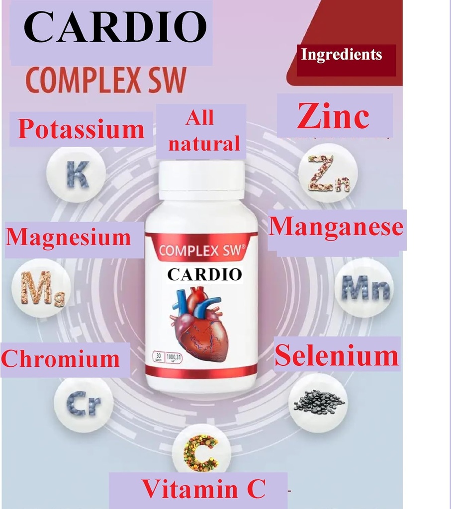 Cardio Suplimente de sanatate a inimii, circulatie sanatoasa a sangelui si suport de presiune a sangelui cu potasiu, magneziu, crom, ZINC, mangan, crom, seleniu, 30CAPSULE 1000.31 Mg Fiecare