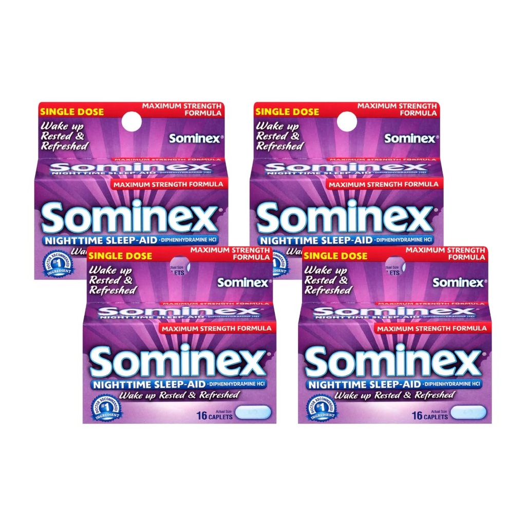 Sominex Nighttime Sleep-Aid Caplets, Putere maximă, 16-Numar de cutii (Pachet de 4)