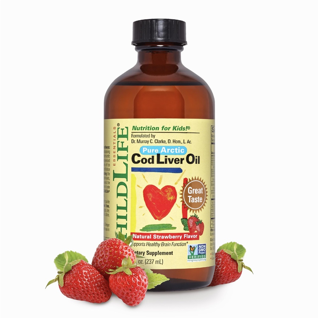 COPILDIFE ESENȚIALE Cod Ulei de ficat pentru copii - Copii Cod Ulei de ficat lichid, pentru copii 6+ luni, Copii mici, Adăugat DHA, EPA, Omega-3 Acidi grasi - Căpșuni, 8 fl oz