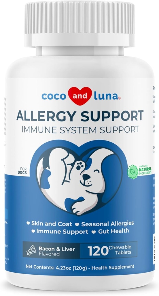 Suport pentru alergie pentru câini - 120 comprimate masticabile - cu vitamina C, Omega 3 și Colostru - Mâncărime Ajutor, Alergie Ajutor pentru câini, Skin Soother - cu probiotice pentru sistemul imunitar de sănătate