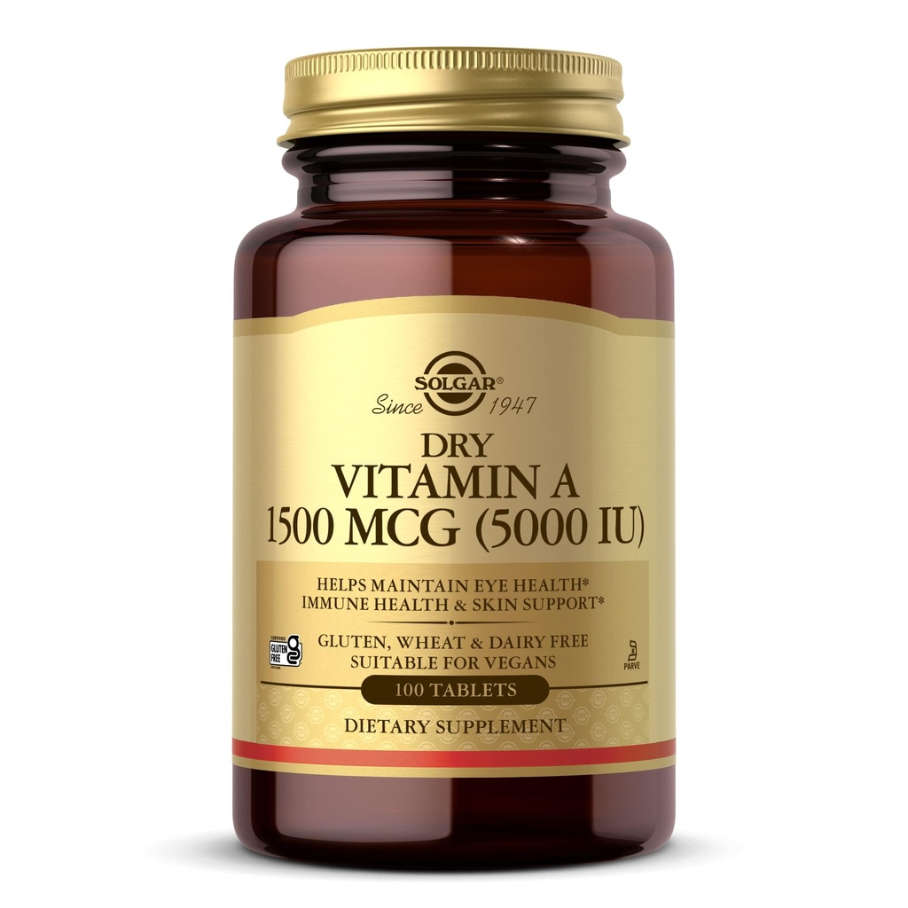 Vitamina uscată Solgar A 1500 mcg (5000 UI), 100 comprimate - Suporturi ochi sănătoşi, Skin & Immune System - non-GMO, Vegan, Gluten Free, Dairy Free, Kosher - 100 Serviri