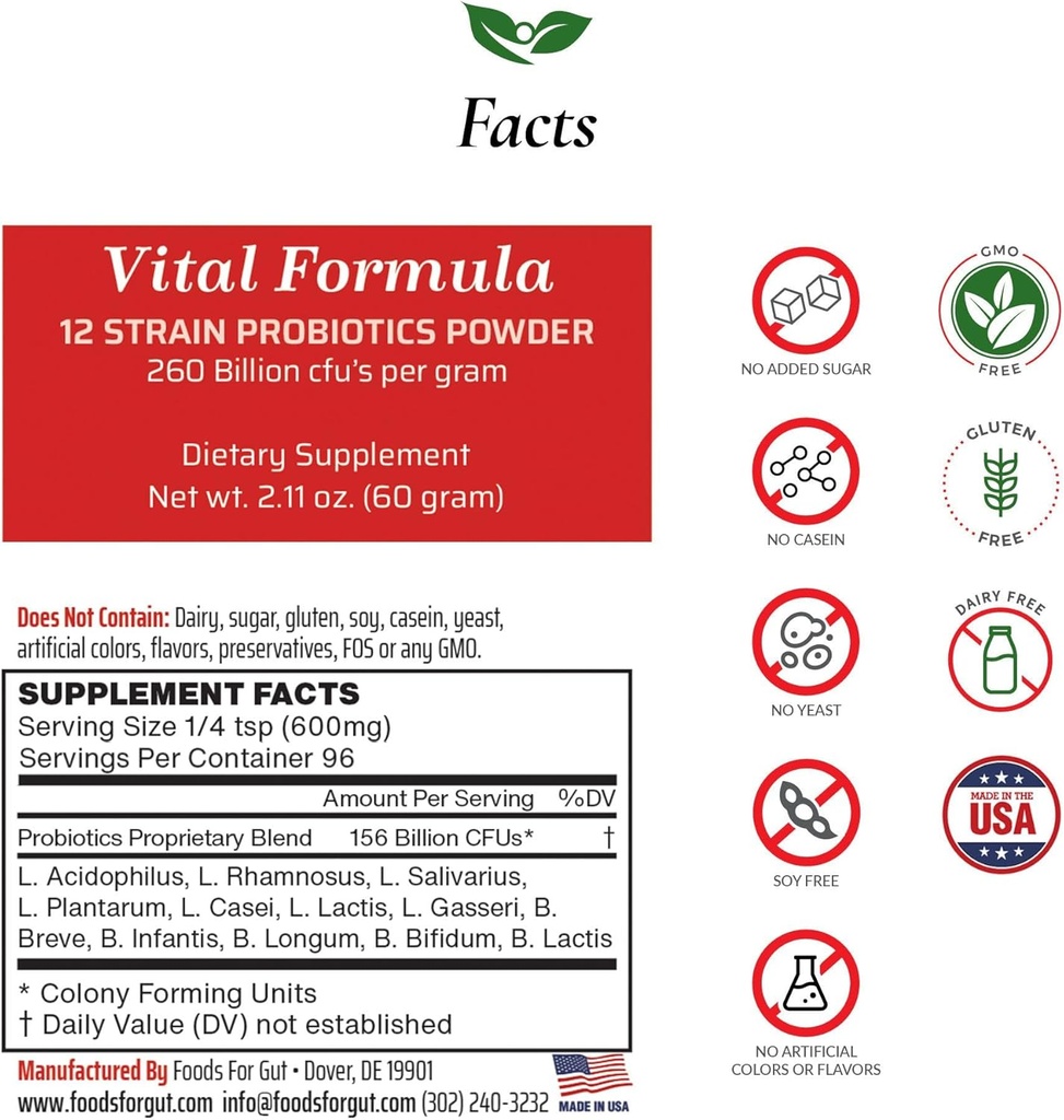 Alimente pentru Gut Vital Formula 12 Strain Probiotics Powder 260 Miliarde de 