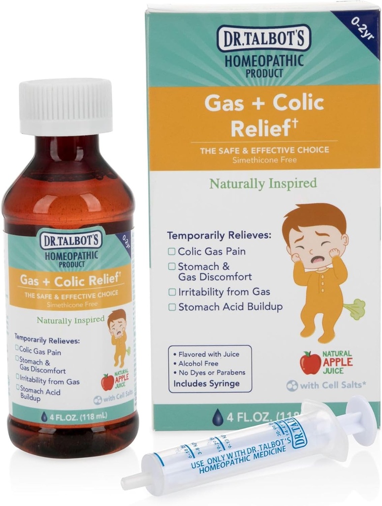 Talbot's Gas + Colic Relief Liquid Medicine, Inspirat natural, pentru sugari, Include Syringe, Apple Juice Flavor, 4 Fl Oz