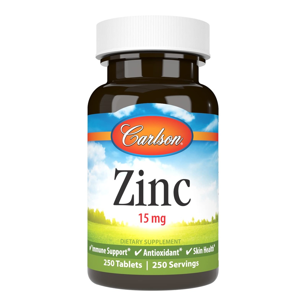 Carlson - Zinc, 15 mg, Zinc Supliment, zinc Gluconat, Immune Support & Skin Health, Zinc Tablets, Antioxidant, Zinc Capsule, 250 comprimate
