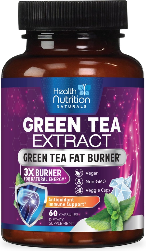 Capsule de extract de ceai verde - Standardizat 45% EGCG & 98% Polifenoli - 3X Putere Ceai Verde Energie Naturala, Suplimentul Herbal cu inima si suport de sanatate antioxidant, îmbuteliat in SUA - 60 capsule