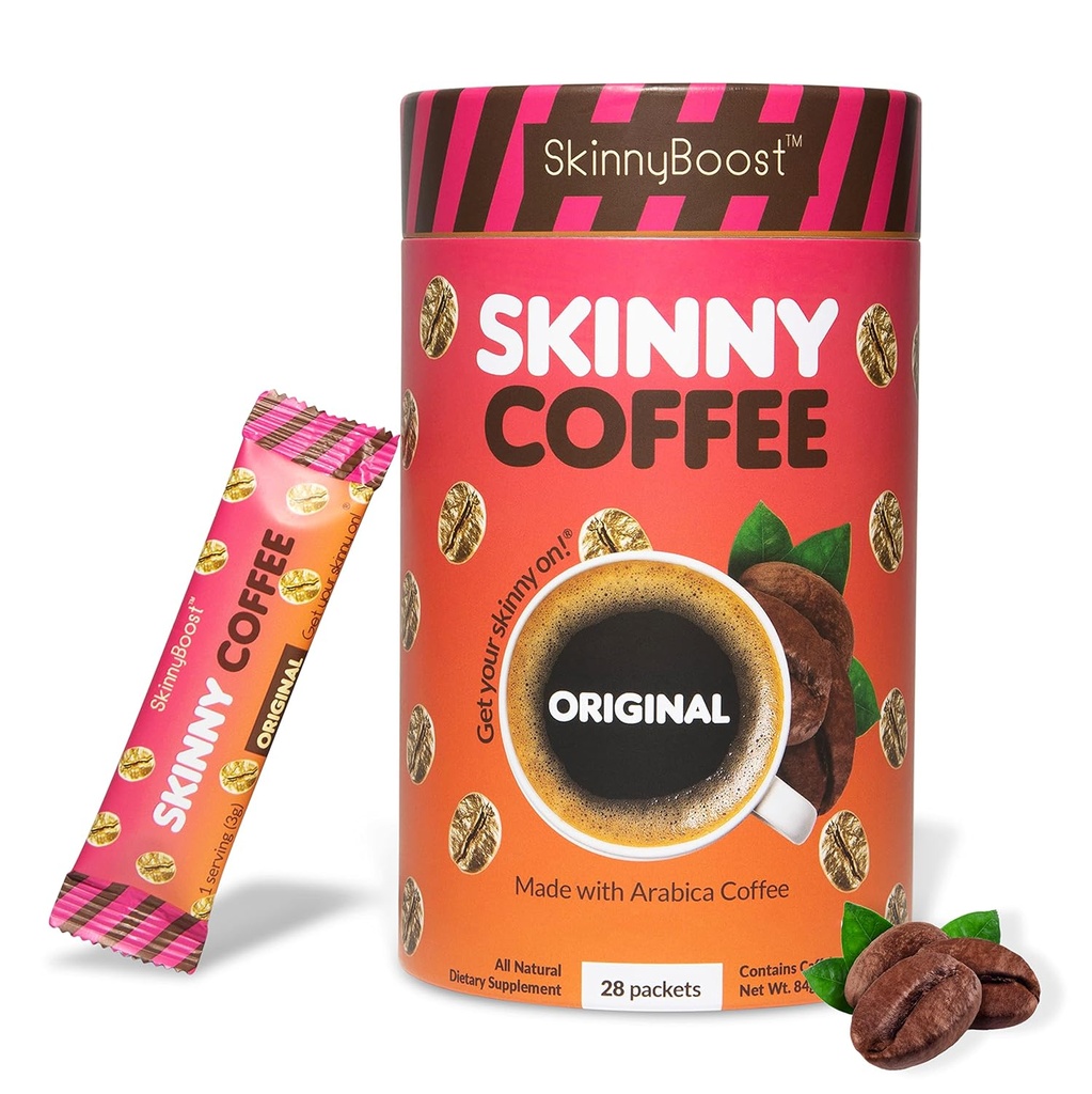 Skinny Boost Instant Sticks de cafea slab (nearomate) - Made with Arabica cafea fasole, Garcinia Cambogia, extract de ceai verde, B vitamine, Fibră și prebiotice 